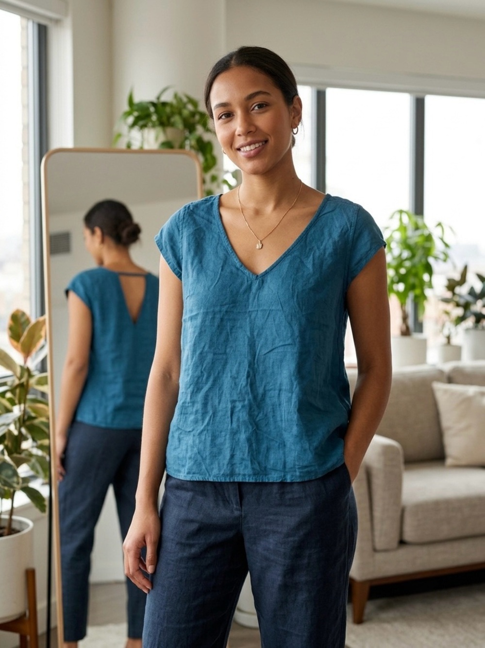 Relaxed Teal V-Neck Short Sleeve Blouse